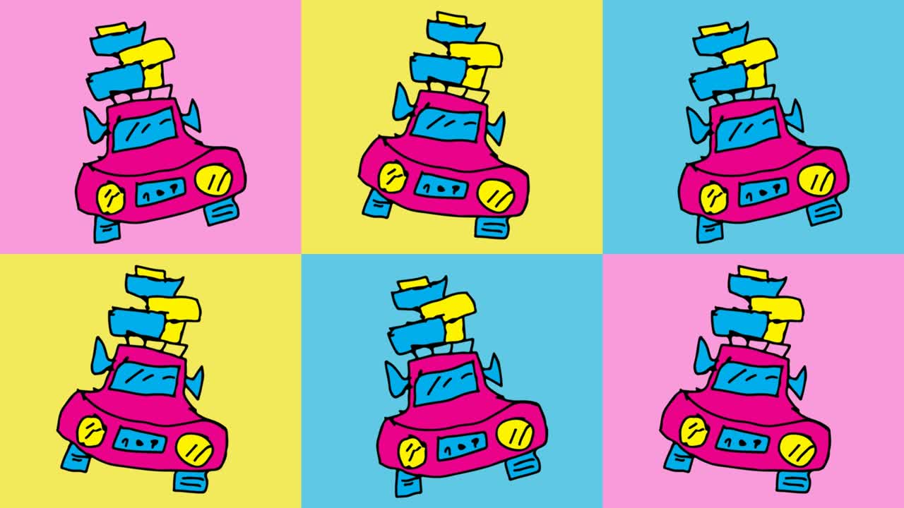 어린이들이 팝 아트를 그리고 있습니다. 도로 여행의 주제로 끔한 배경입니다.