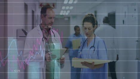 Animation-of-graphs,-changing-numbers-over-caucasian-doctor-standing-and-discussing-patient-reports