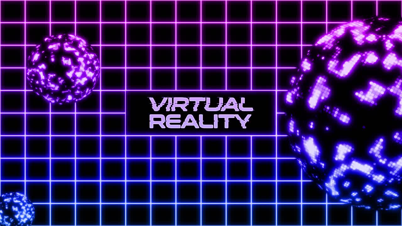 Testo di realtà virtuale su griglia neon retrò con sfere pulsanti