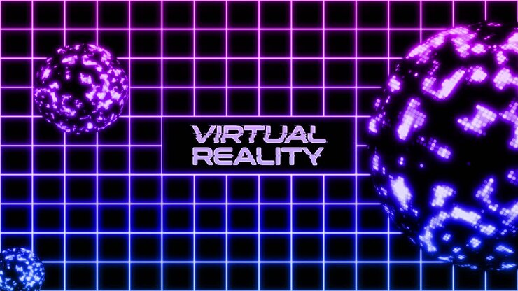 Testo di realtà virtuale su griglia neon retrò con sfere pulsanti