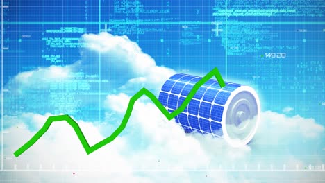 Grünes-Diagramm-über-Gitternetz-Und-Datenverarbeitung-Gegen-Solarzylinder-Am-Blauen-Himmel