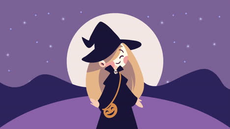 happy halloween animation with witch and pumpkin