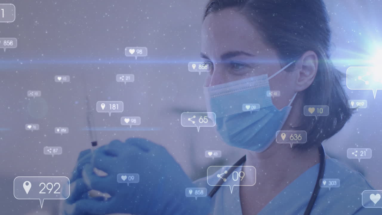 Nurse holding syringe in clinical environment, displaying floating social media hearts shares pins