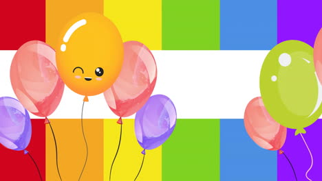 animación de globo naranja feliz y globos de colores sobre fondo arco iris