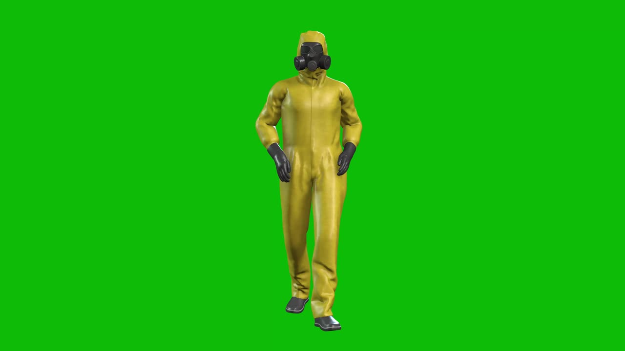 peligro biológico, traje de materiales peligrosos personaje 3d caminando en pantalla verde, vista frontal, animación 3d