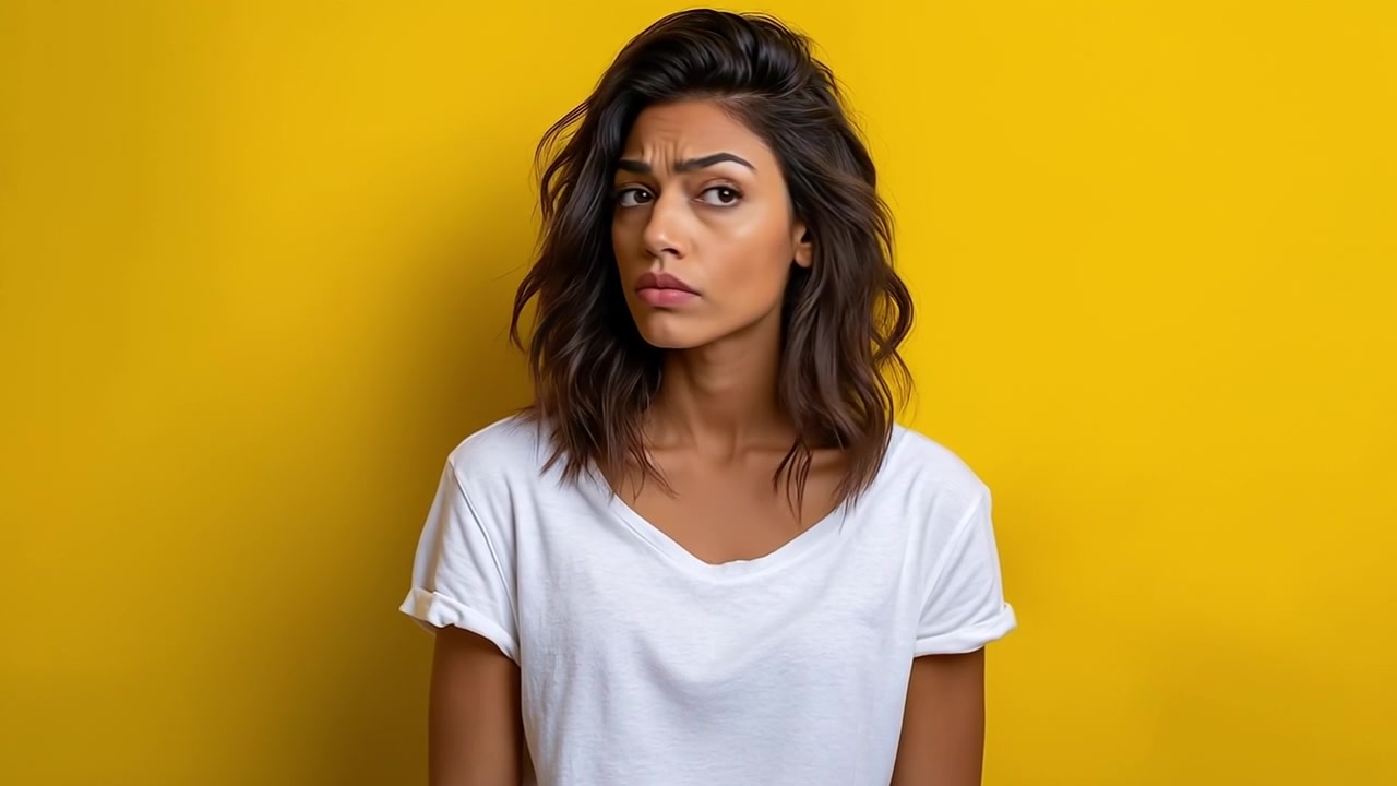 Young woman in a white t-shirt shrugging and then smiling against a yellow background