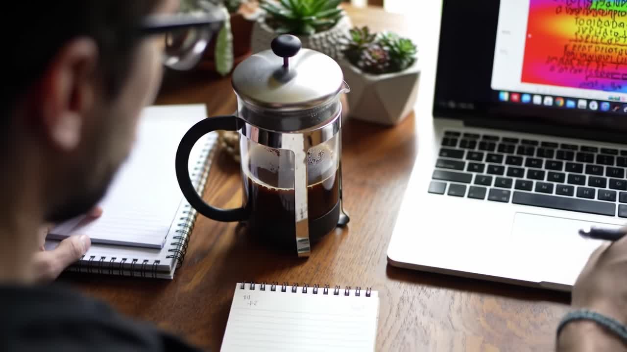 Focus and Creativity: A Cozy Workspace with Coffee, Notebooks, and Technology for Inspiration and Productivity