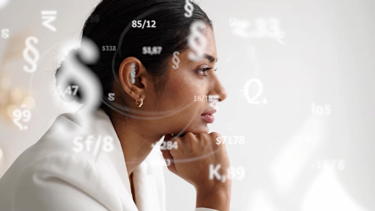 A thoughtful woman reflects on financial decisions, surrounded by abstract numbers and symbols, highlighting the complexities of money management and decision-making.