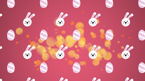 animación de conejos y huevos blancos que caen sobre un fondo rosa