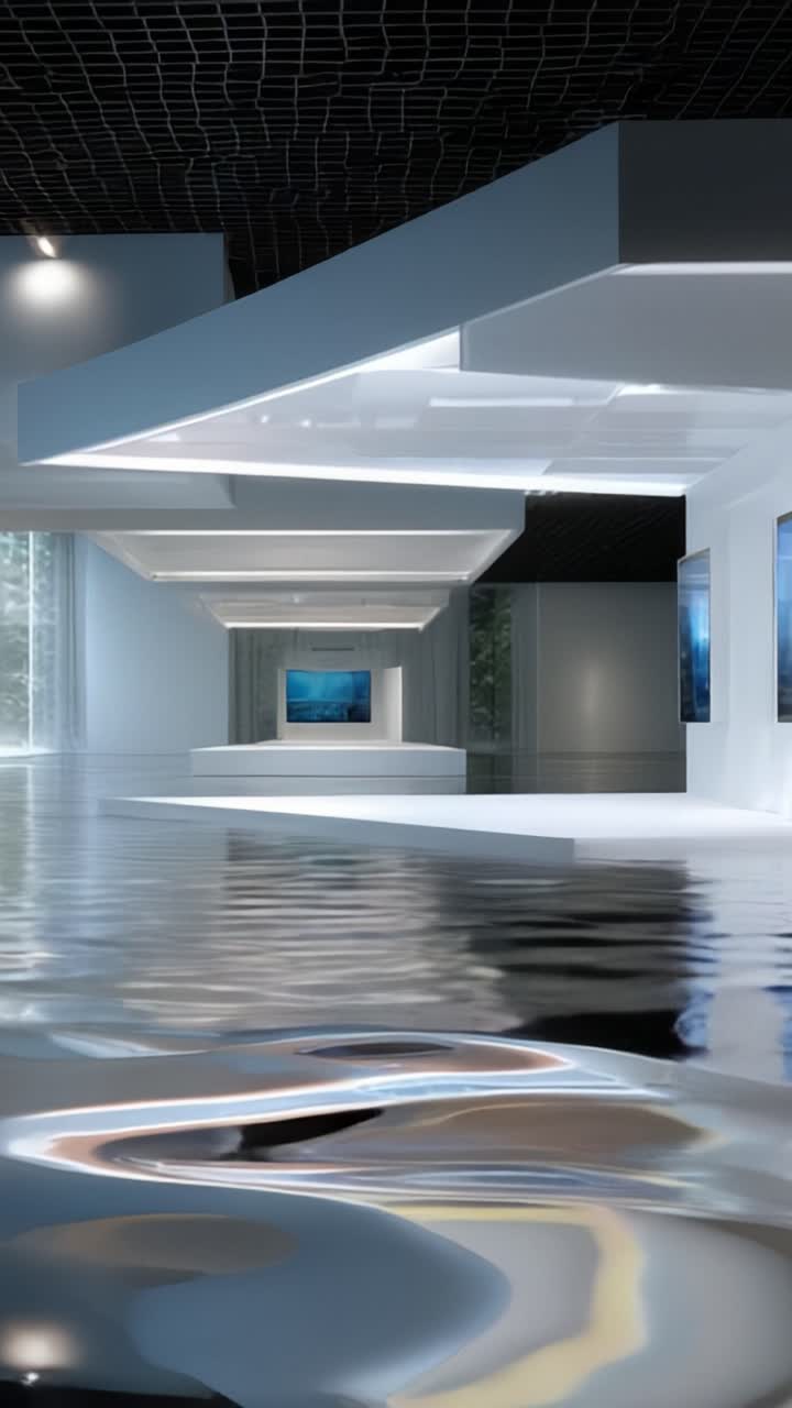 Et moderne kunstgalleri med spejlinger på et vanddækket gulv, der udstiller moderne kunstværker i et minimalistisk rum med elegant design og harmonisk belysning.