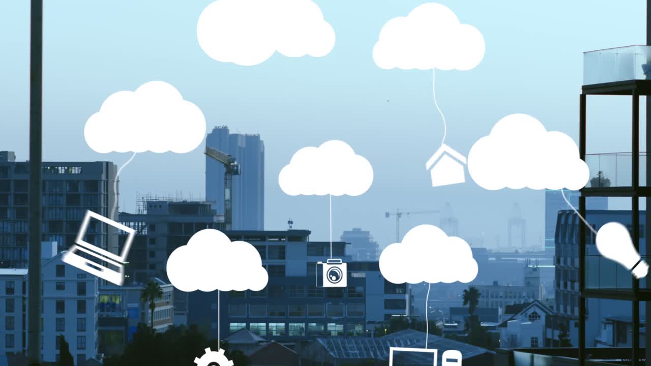 Animation of clouds with electronic devices over cityscape