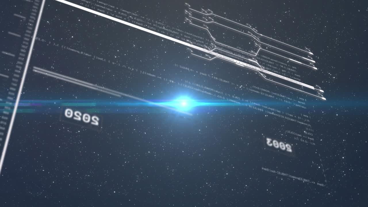 Animation of black digital screen with data and lights