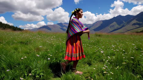 woman in traditional attire walking through a vibrant mountain meadow