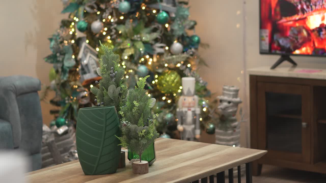 Close-up Cozy Living Room with Christmas Decor and Potted Plants. 4k.