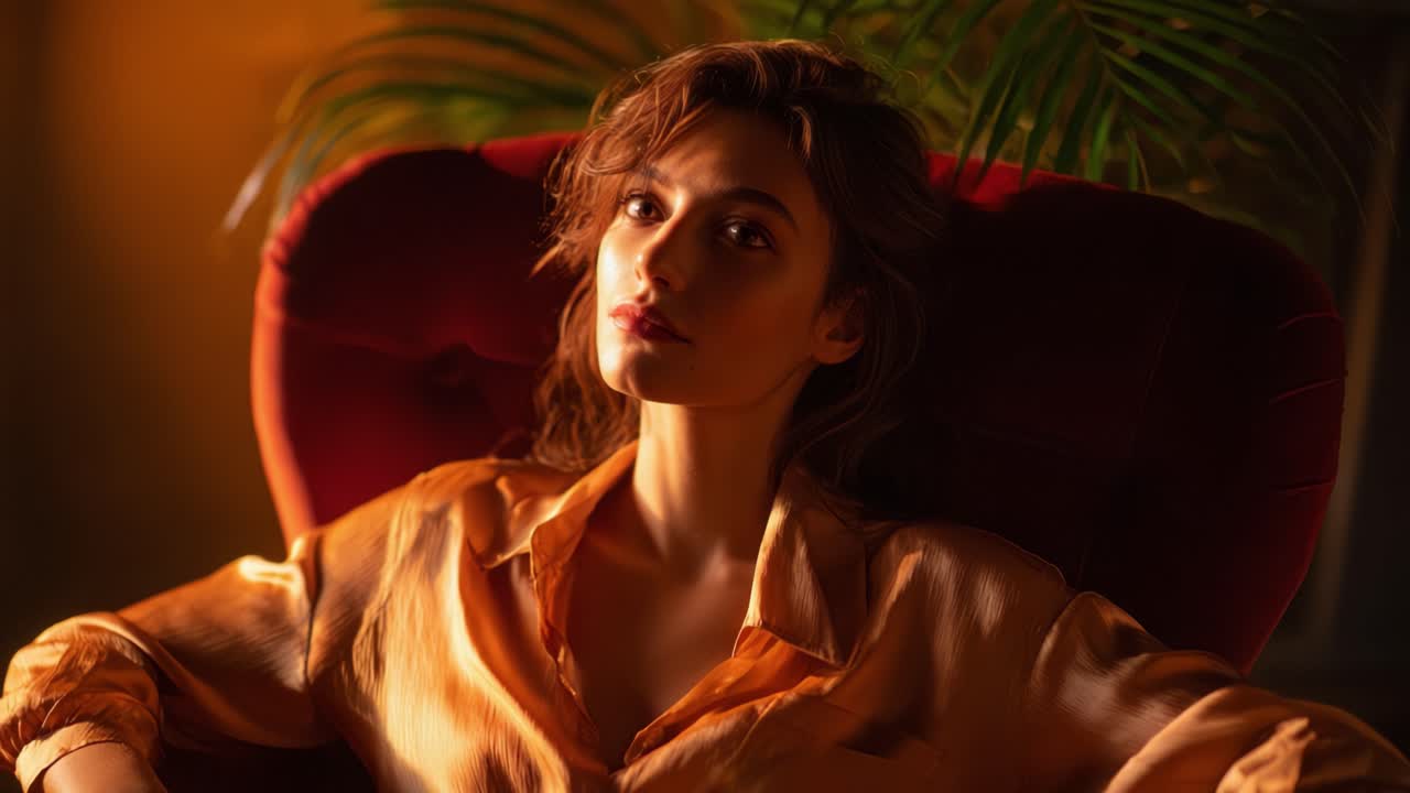 A Captivating Woman in Golden Light Sitting Gracefully in a Vintage Chair Surrounded by Lush Greenery, Evoking a Sense of Elegance and Serenity