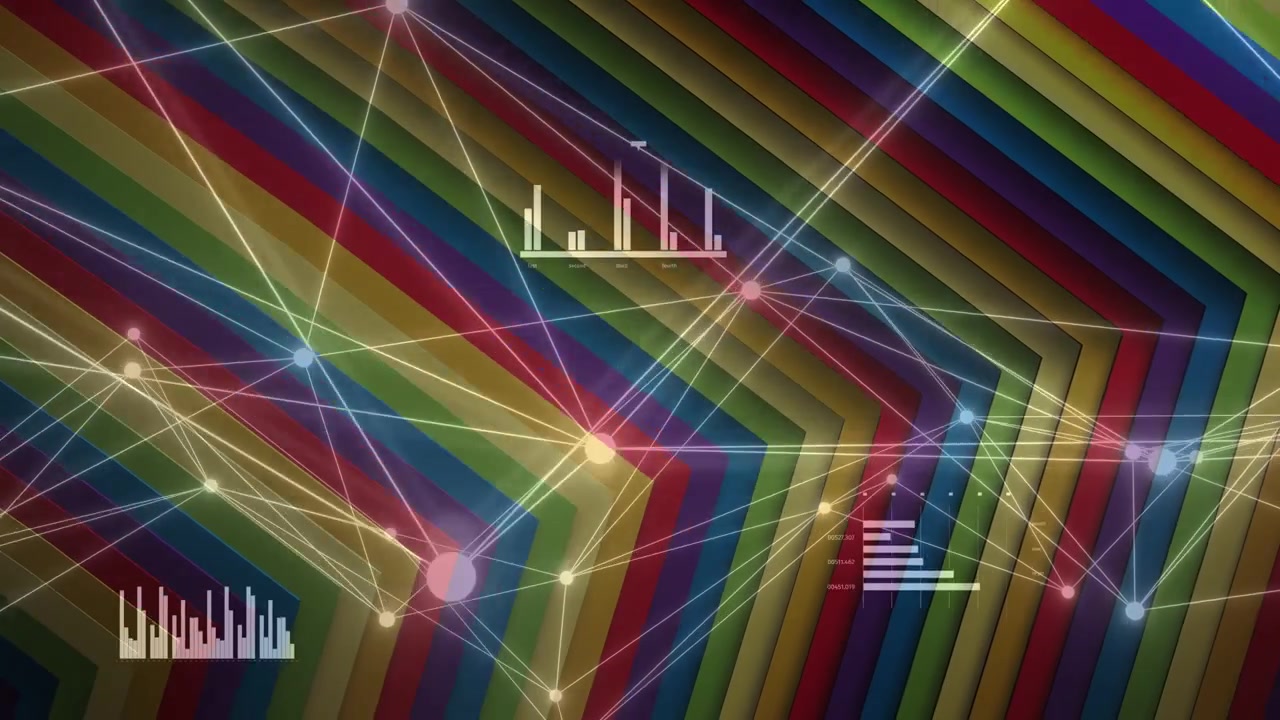 On chevron color shift, network nodes pulsing, lines redrawing, equalizer bars rising, showing data