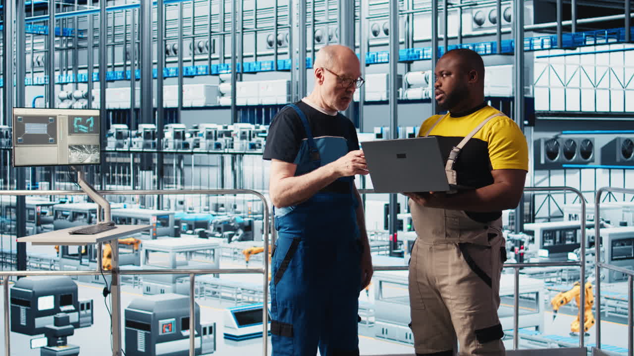 Senior engineer in smart photovoltaics factory guiding new trainee