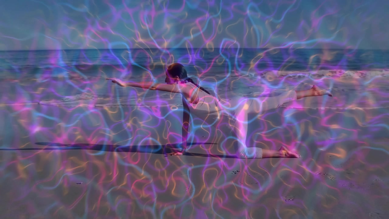 Practicing yoga on beach, person with colorful animation overlay on scene