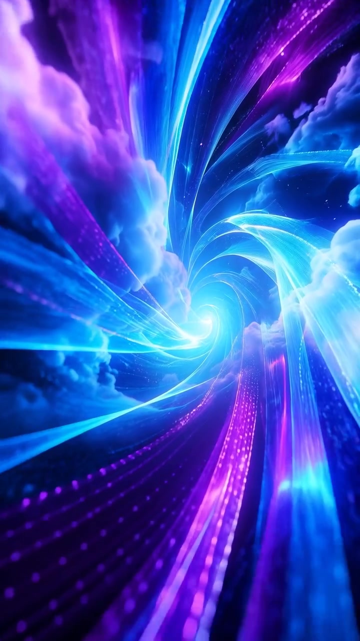 Radiant cyan, violet, and pink trails curve inward as glowing cloudlike forms shift around an intense center, creating flowing depth, energy, and layered motion against a dark backdrop.
