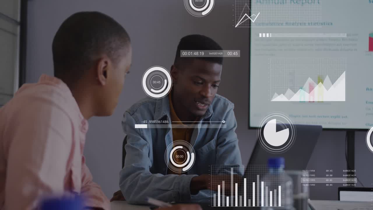 Animation of statistics and data processing over diverse business people in office