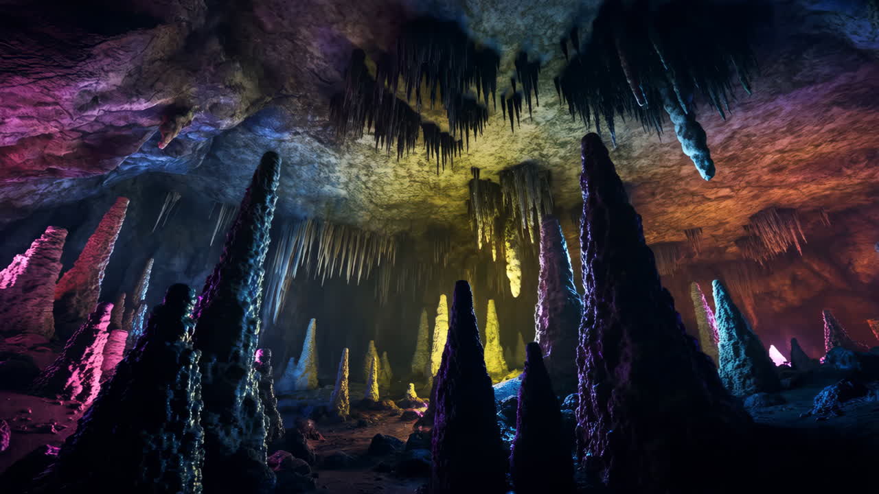 Vibrantly Lit Underground Cave with Stalactites and Stalagmites