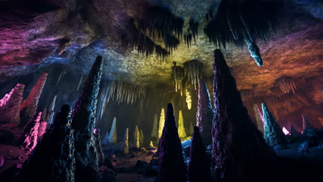 vibrantly lit underground cave with stalactites and stalagmites