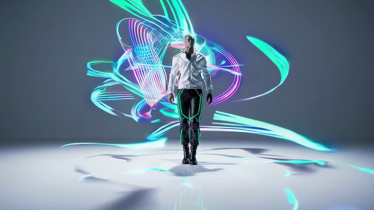 Man in Futuristic Attire with Dynamic Neon Light Trails