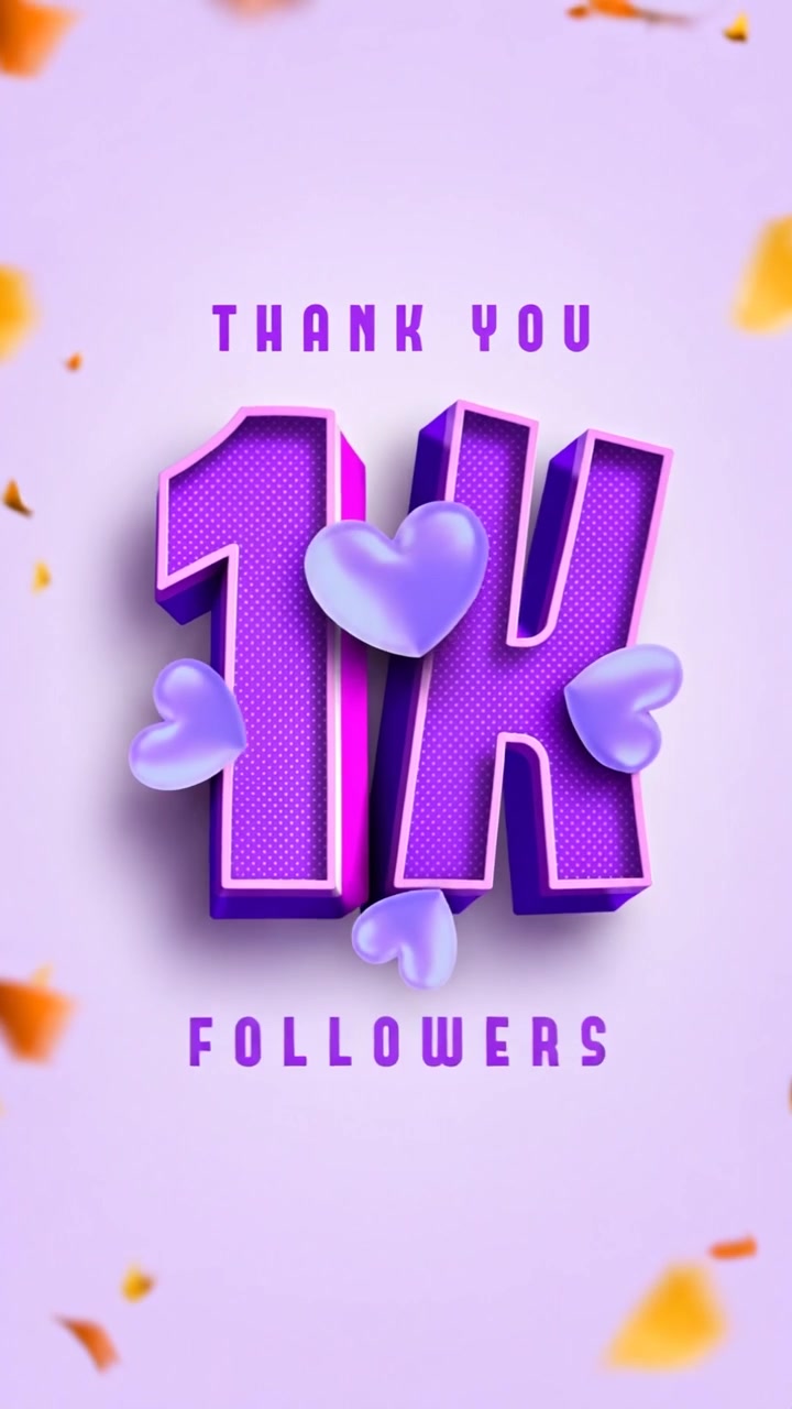 Grazie per il traguardo di mille follower, con tipografia 3D viola e cuori fluttuanti