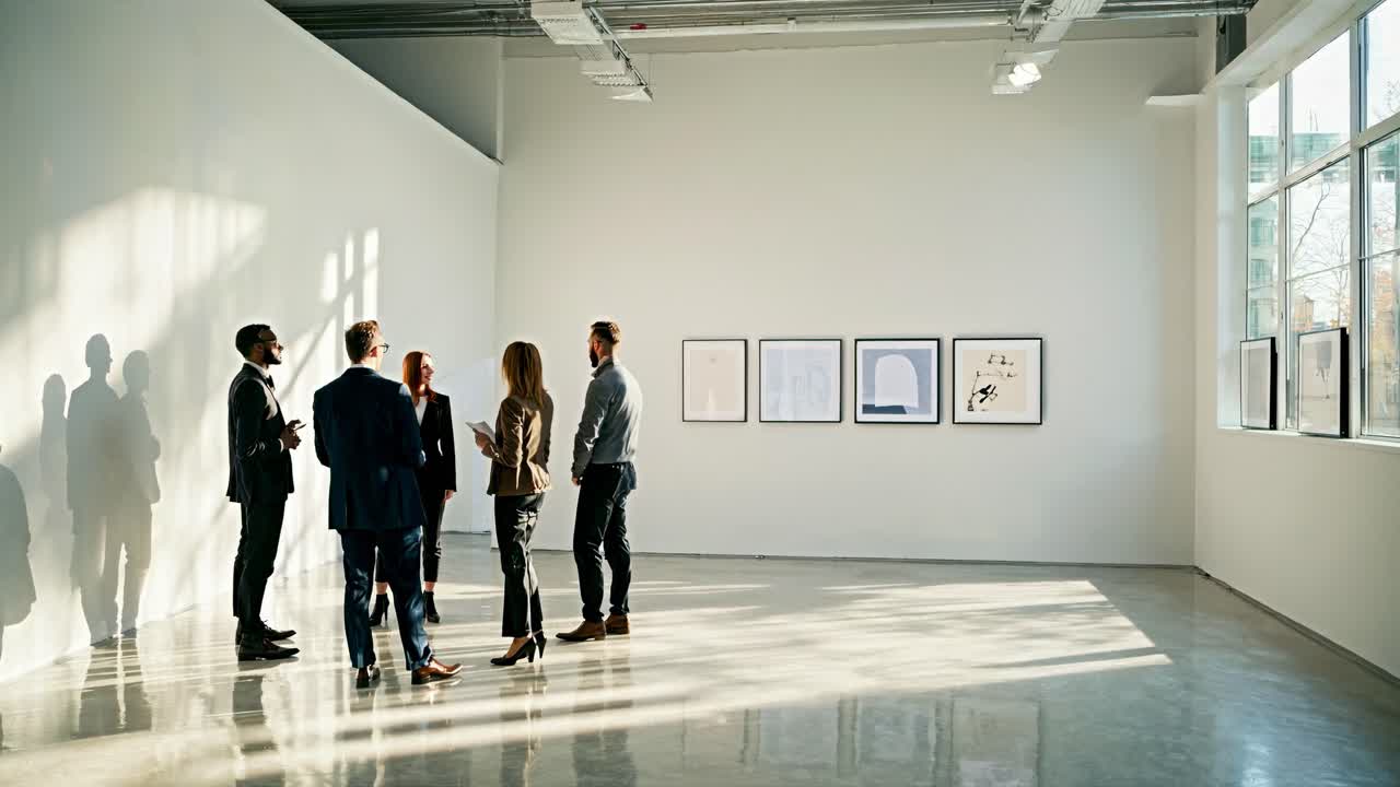 A group of professionals in a modern art gallery, captured from a wide-angle view