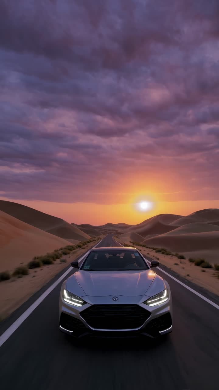 Un'auto elegante sfreccia nel deserto al tramonto, ripresa da una angolazione bassa, che enfatizza la velocità