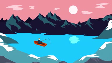 vintage holiday summer scenery with sun mountains and fisherman in a boat on a lake
