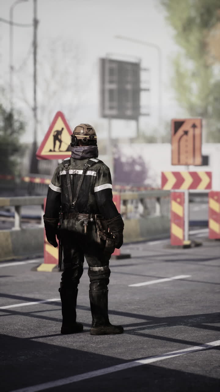 Road worker stands guard near construction site in busy urban area
