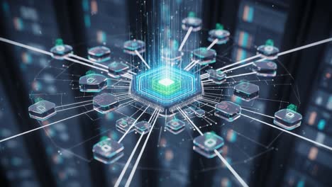 exploring the intricate network of a central processing unit surrounded by connected nodes and data flow in a futuristic digital environment