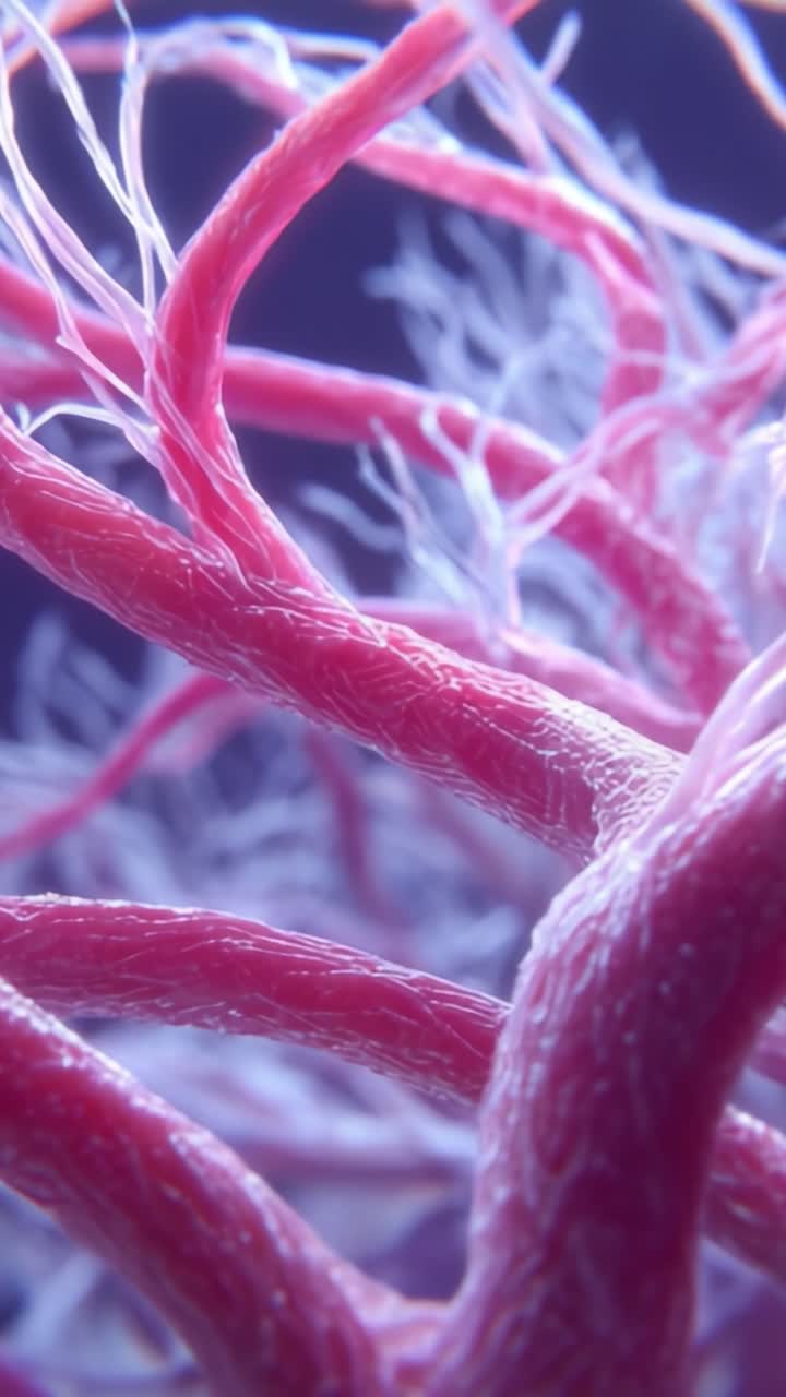 Intricate Structures of Vascular Networks: A Close-up Exploration of Intertwined Red and Purple Tissues Captured in Stunning Detail