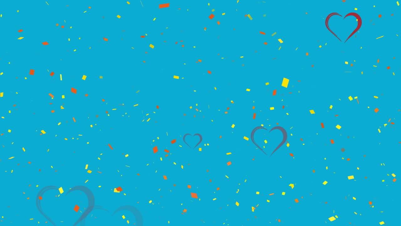 소셜 미디어의 심장 아이콘과 파란색 배경에 떨어지는 콘페티의 애니메이션
