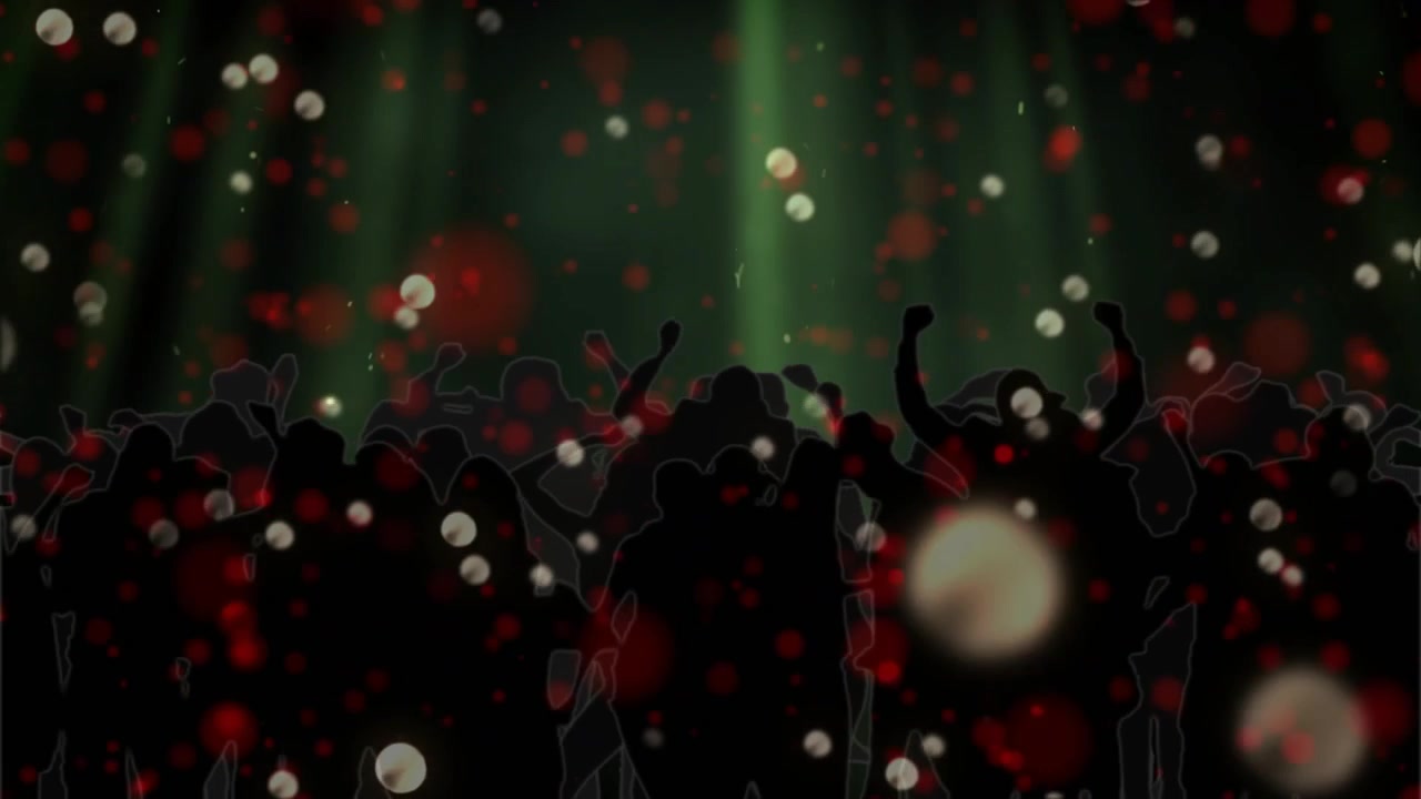 Opening beat hitting, silhouetted crowd reacting, raising fists and waving while particles drifting
