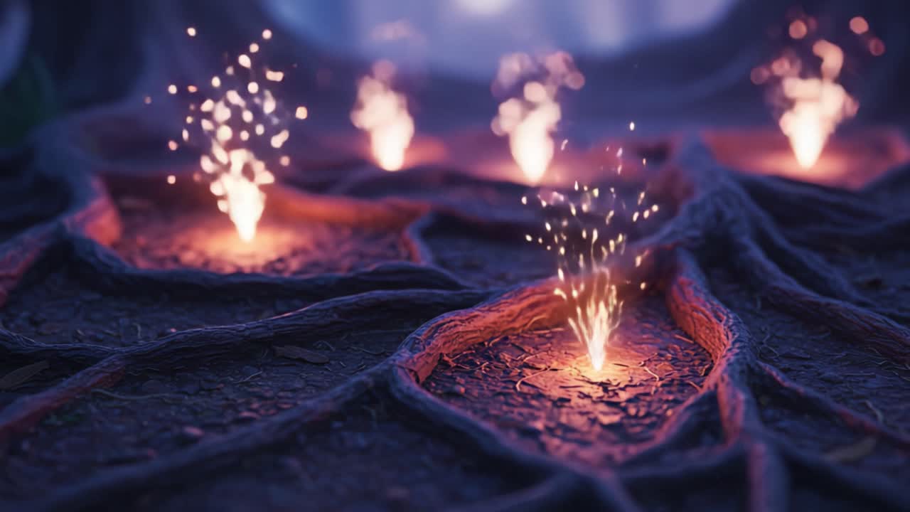 Enchanting Glow: A Close-Up Exploration of Sparkling Embers Emanating from Nature's Roots in a Mysterious Forest Setting