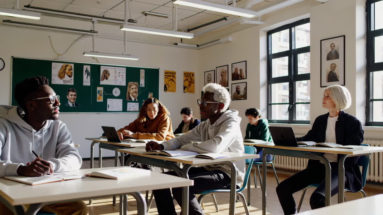 Diverse Students and Teacher in a Modern Classroom Setting