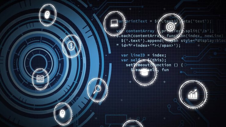 Animation of business icons over data processing with scope scanning on black background
