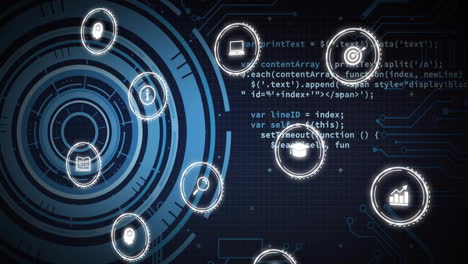 Animation of business icons over data processing with scope scanning on black background