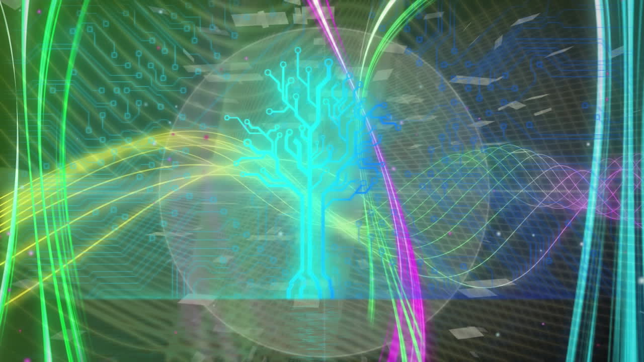 animación de rastros de luz sobre una placa de circuito de computadora sobre un fondo negro