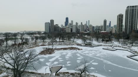 aerial view rising over the lincoln park zoo towards the downtown of chicago, cloudy, winter day in illinois, usa