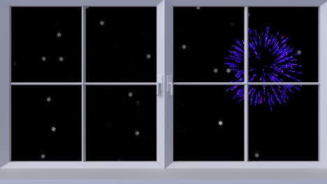 animación de una ventana con estrellas blancas y fuegos artificiales de navidad y año nuevo explotando en el cielo nocturno