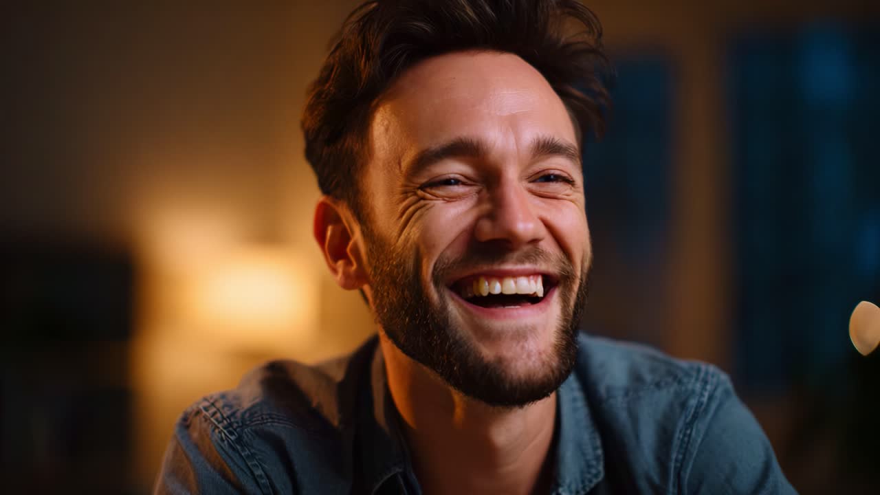 Um momento de alegria capturado, mostrando um homem com um sorriso radiante, cercado por uma atmosfera acolhedora, destacando sua felicidade e seu jeito alegre em condições de baixa luminosidade.