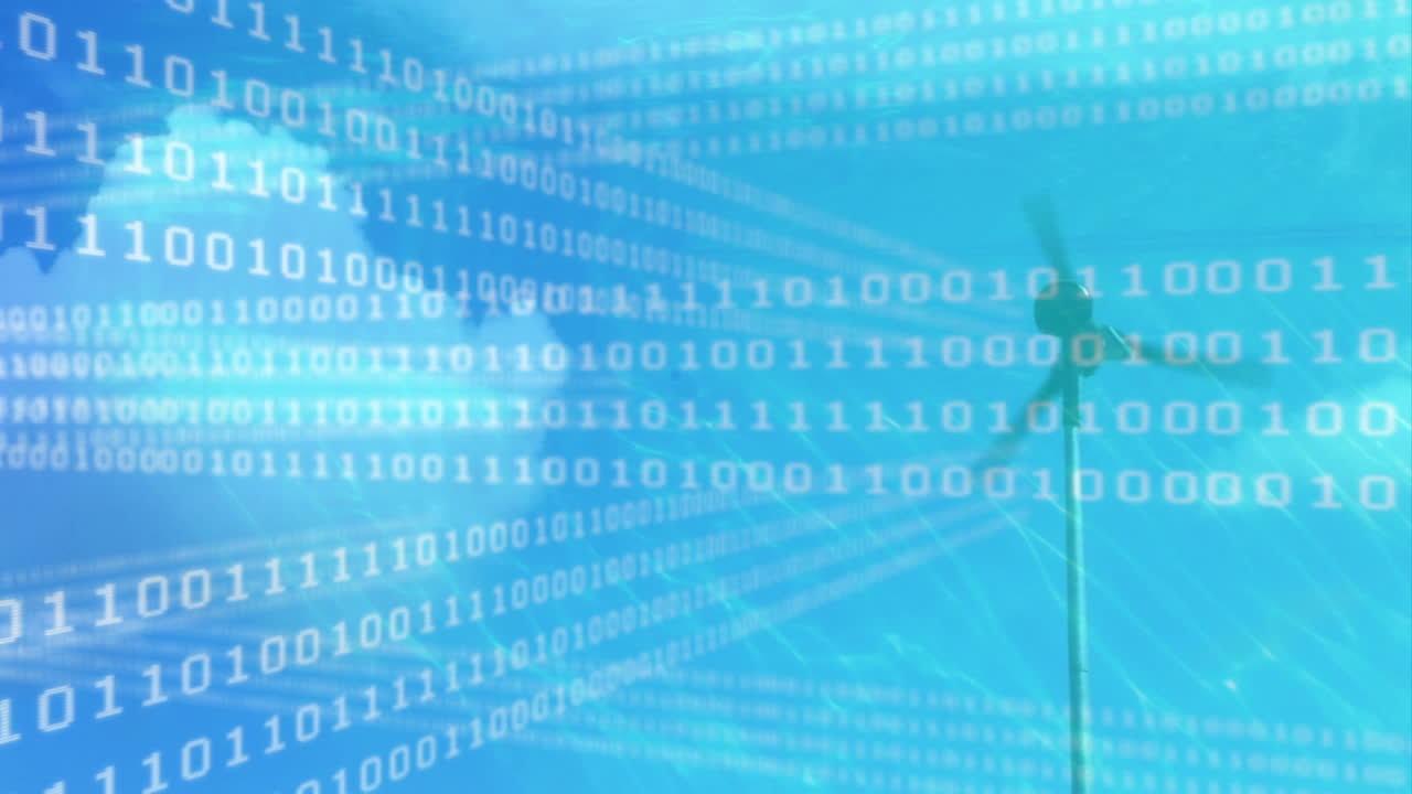 Animation of data processing over wind turbine and sky with clouds