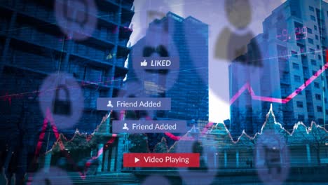 animación del texto de las redes sociales en banners con iconos digitales sobre el paisaje urbano