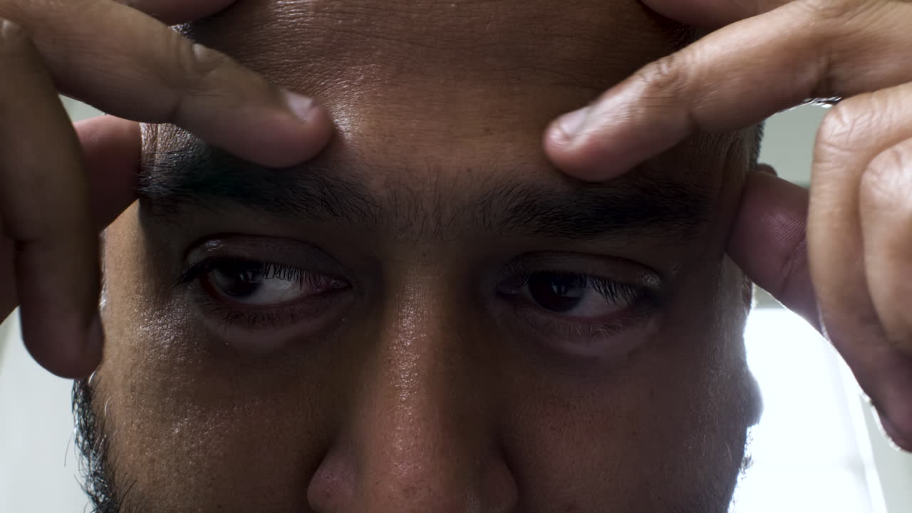 Un primo piano estremo del viso di un uomo indiano asiatico che si massaggia la fronte con la punta delle dita mentre i suoi occhi rimangono concentrati