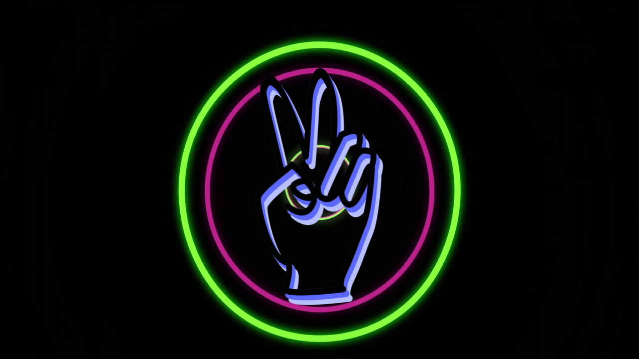 Animation of neon green hand showing peace sign with purple outline on black