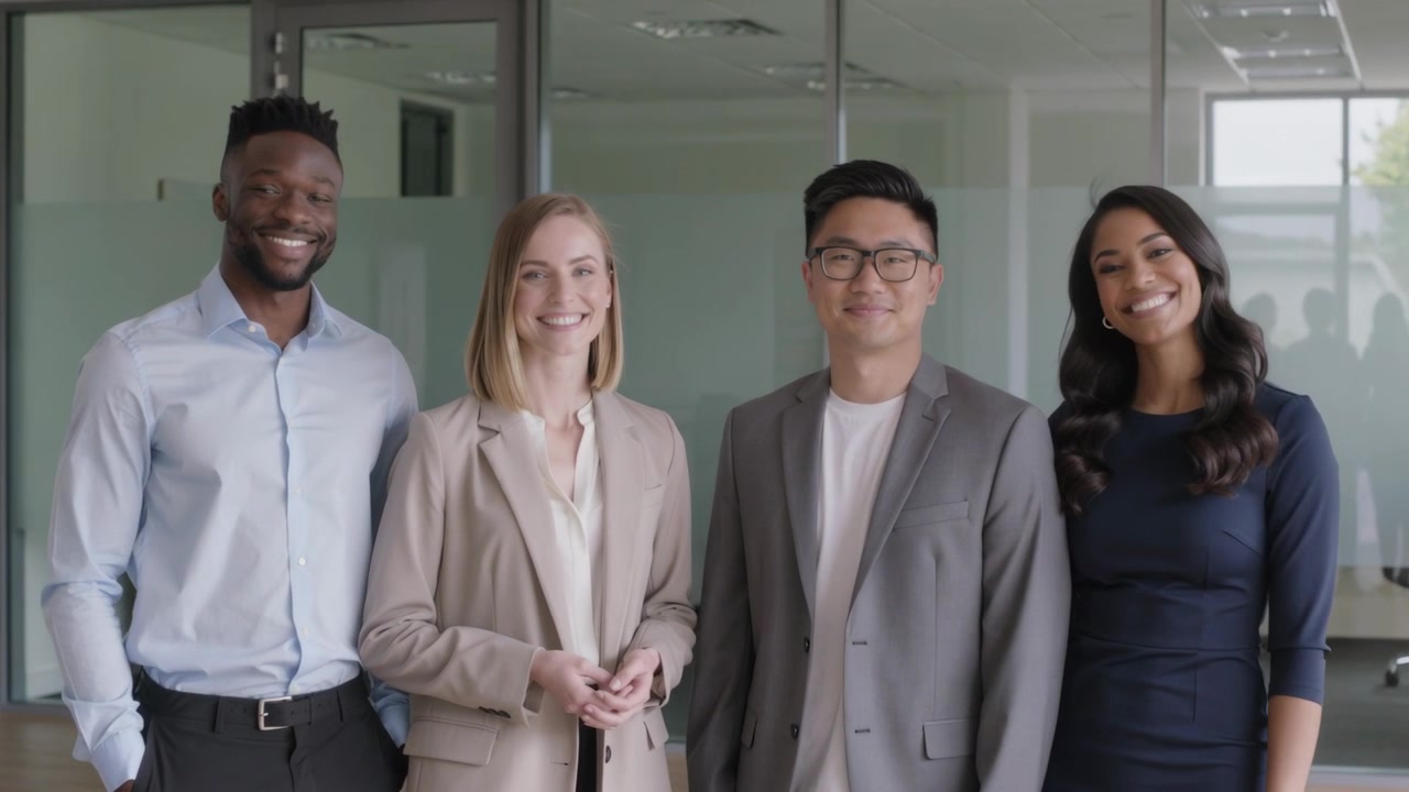 Smiling four-person team in officewear moving closer as camera moving with glass wall for portrait