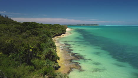 high aerial flyover above rugged, tree lined beach on isle of pines